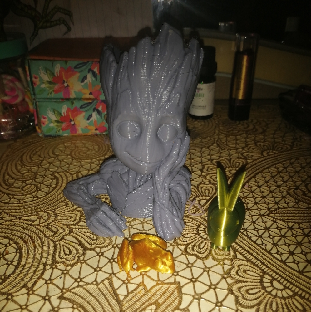 3d printed Groot, bunny, and frog